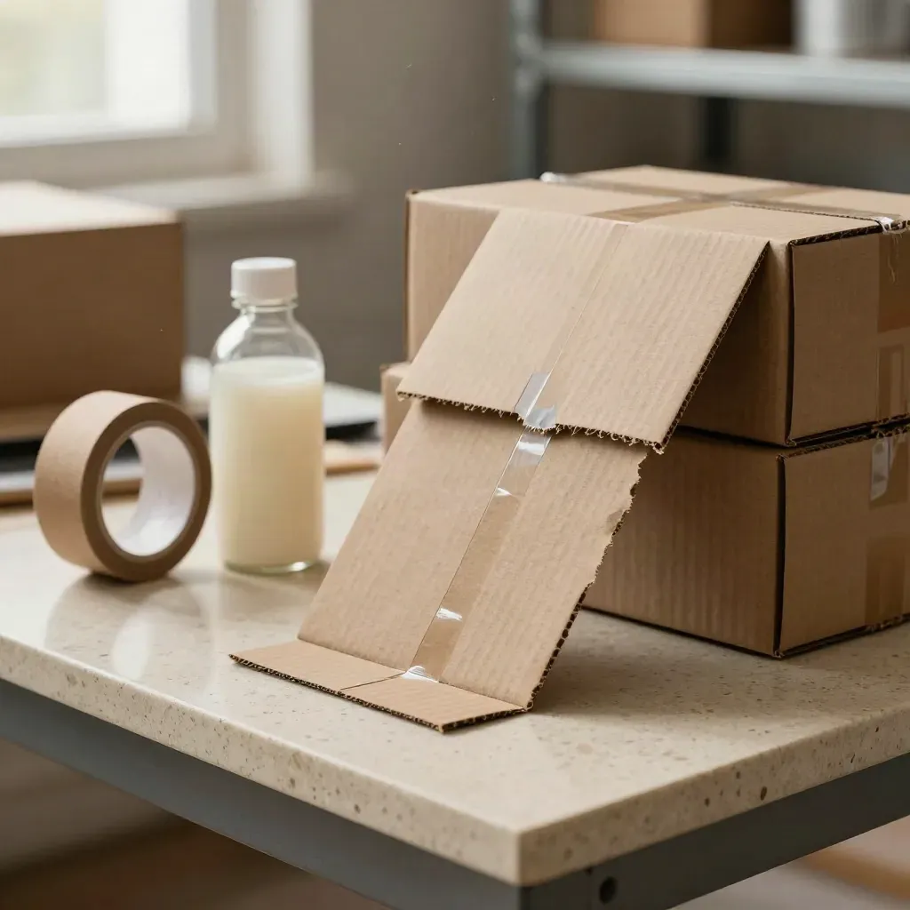 Extreme Nahaufnahme eines Startup-Prototypen-Sets aus Kartons, Musterflasche und Versandmaterial auf Travertin.