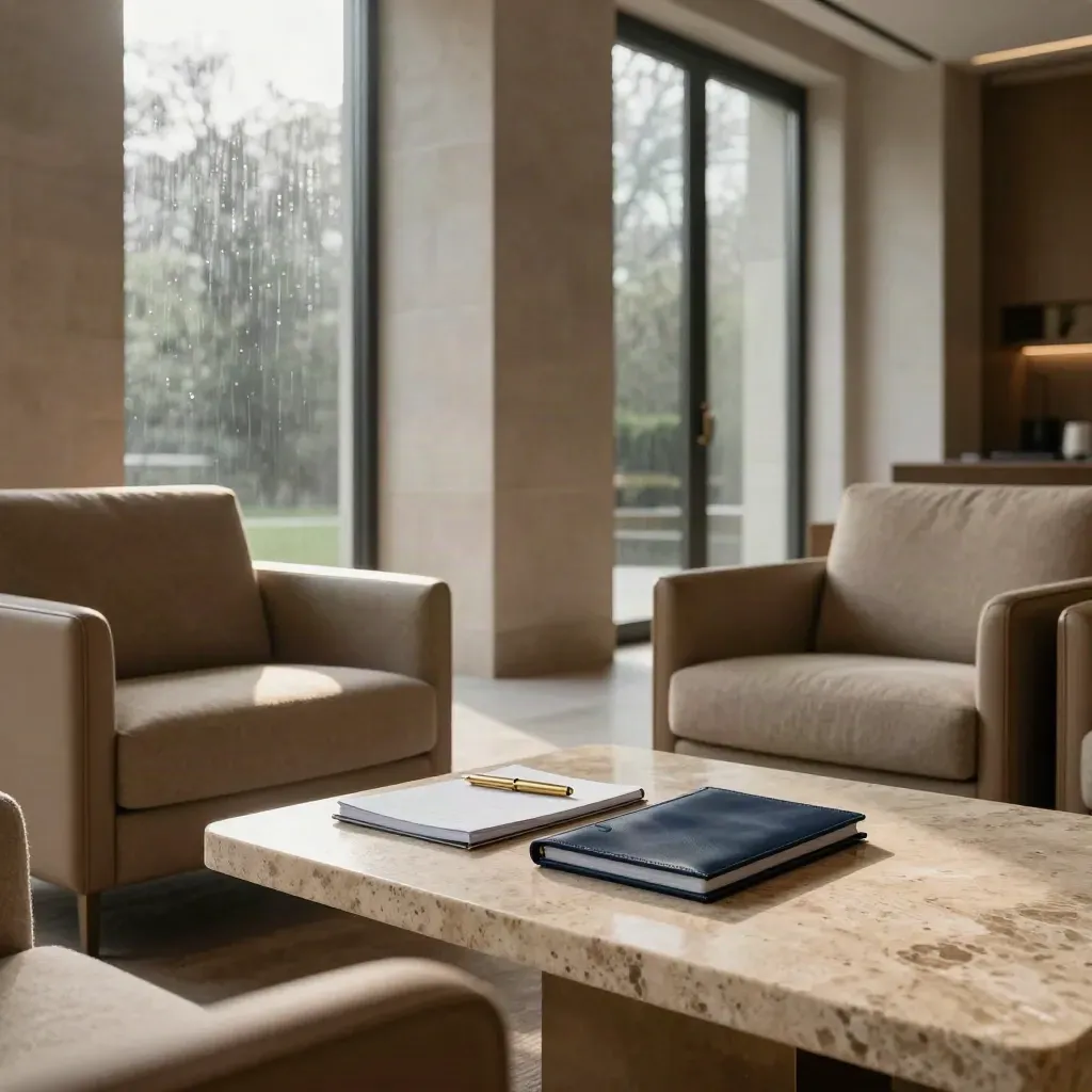 Luxuriöse Mentoring-Lounge mit Sesseln, Travertintisch und Morgenlicht am Fenster.