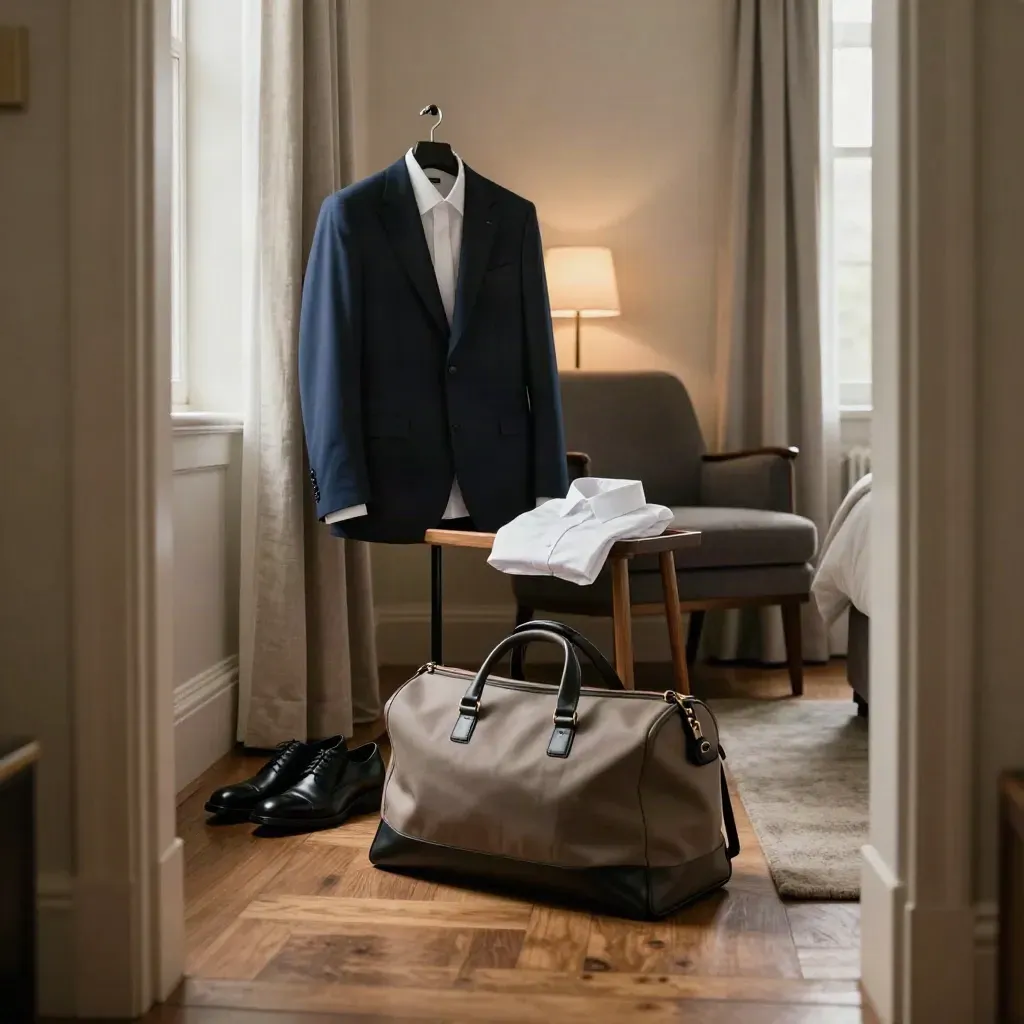 Hotelzimmer mit gepacktem Interview-Set: Blazer, Hemd, Schuhe und Reisetasche im warmen Dämmerlicht.