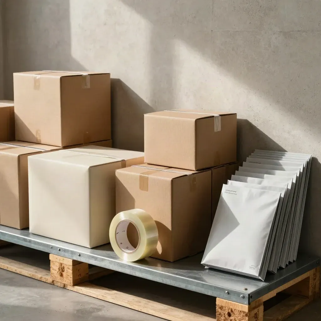 Start-up-Verpackungsset mit Kartons, Dummy-Produkt und Packband im hellen Versandbereich.