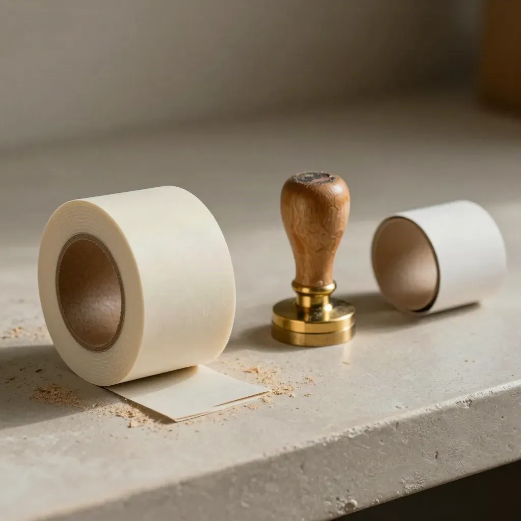 Nahaufnahme von Blanko-Etikettenrolle, Kartonkante, Siegelstempel und Papierband mit feiner Struktur.