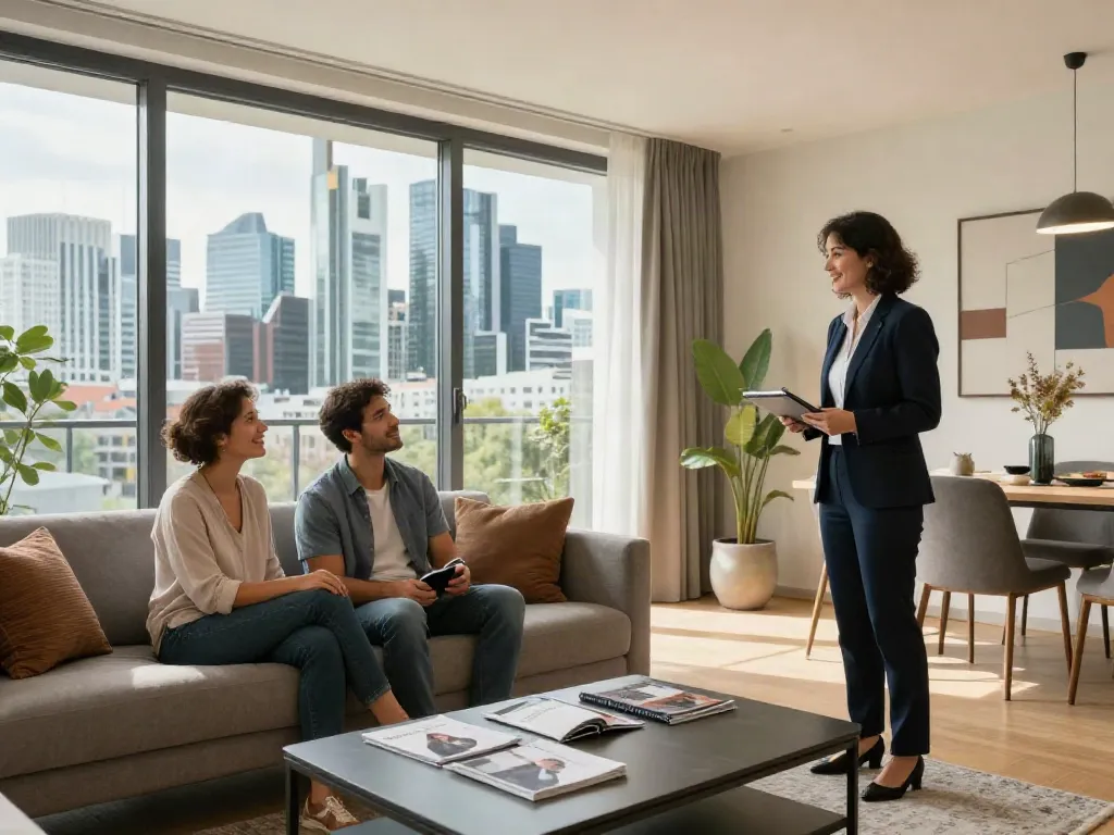 Bester Immobilienmakler Frankfurt präsentiert modernes Apartment mit zufriedenen Kunden.